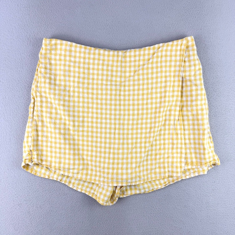 Old Navy Gingham Skort Women L Tall Yellow Plaid Linen Blend Elastic Waist Mini